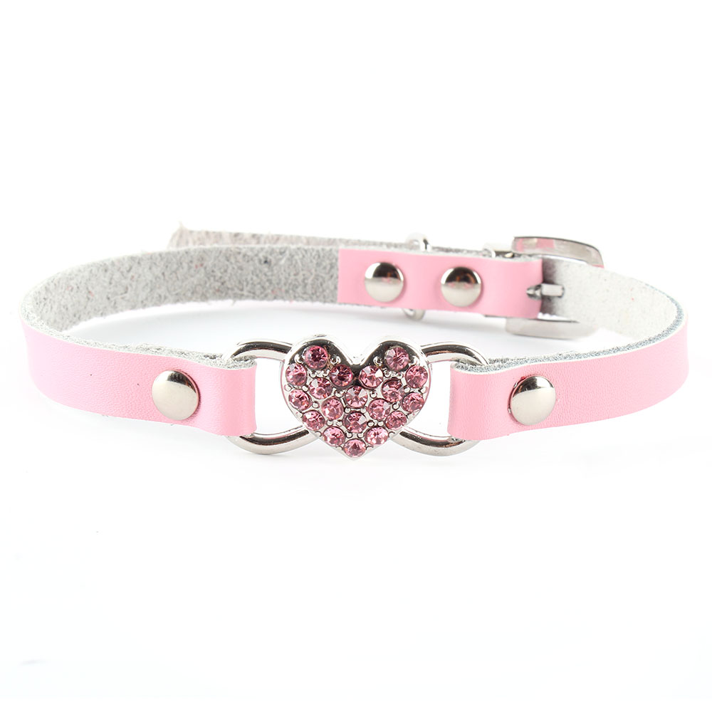 Cute Small Pet Dog Cat Puppy Love Heart Bling Crystal PU Leather Collar